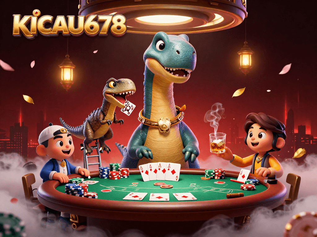 KICAU678 engages players with a lively poker scene featuring a dinosaur dealer.