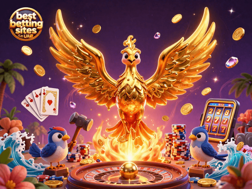 Engage with the best betting sites in UAE featuring a dazzling phoenix and vibrant casino elements.