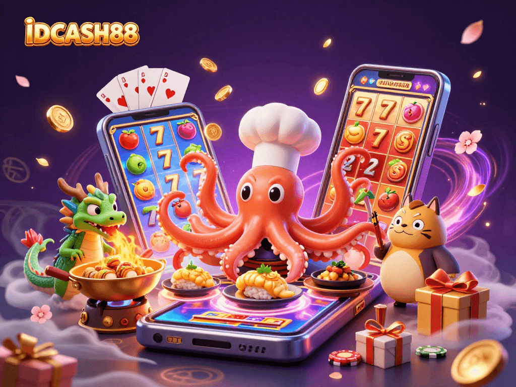 Spin the reels with IDCASH88 in a vibrant 3D casino world filled with dynamic characters and golden winnings.