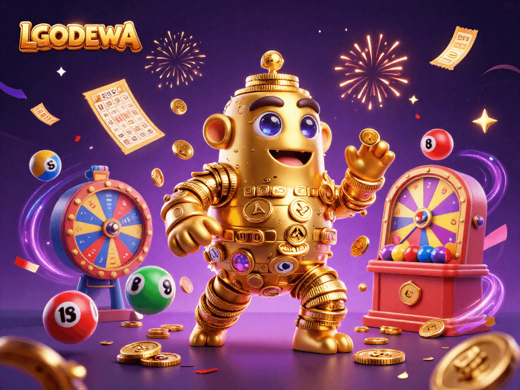 Engage with LGODEWA's vibrant lottery scene showcasing an animated golden golem amidst colorful lottery elements.