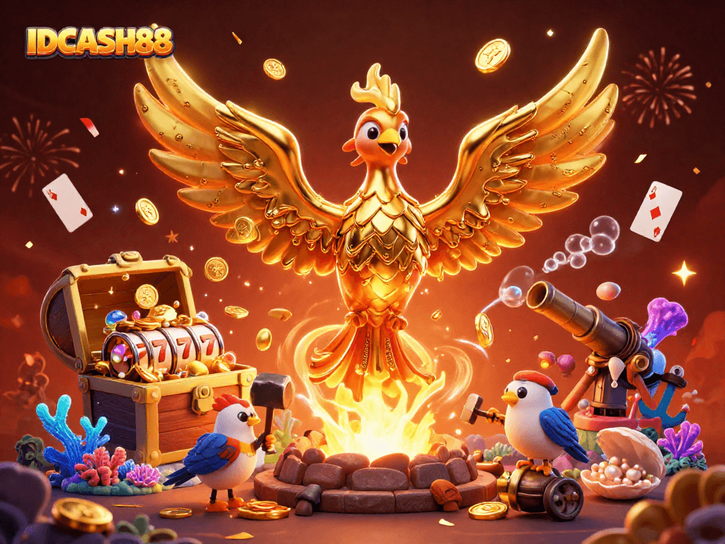 Experience the thrilling world of IDCASH88 with a vibrant golden phoenix amidst an explosion of slot game elements.
