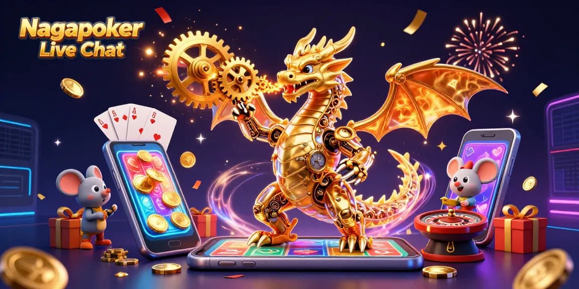 Engage with Nagapoker Live Chat featuring a dynamic golden dragon and poker elements in an exciting online casino scene.