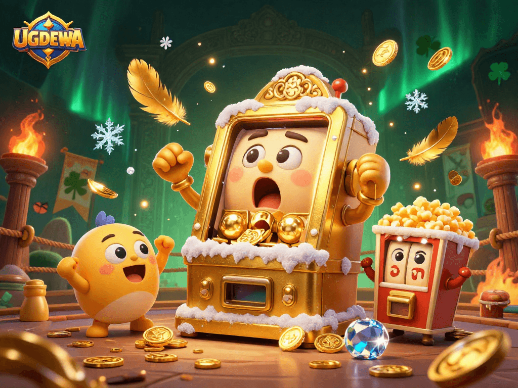 Spin the reels with UGDEWA as the golden slot machine hits the jackpot, surrounded by cheering baby slots.