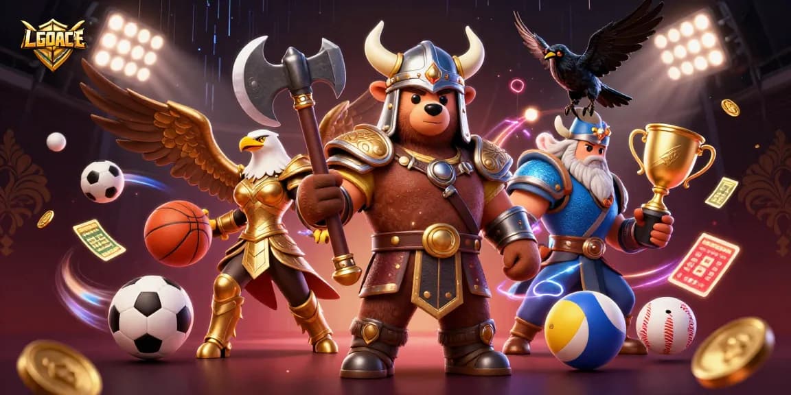 LGOACE champions gather for an action-packed gaming scene, featuring a Viking bear and Valkyrie eagle amidst sports betting excitement.