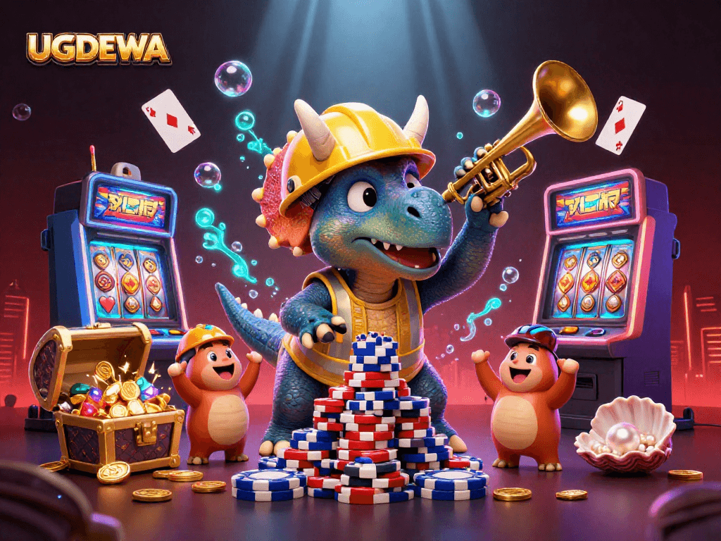 Join the excitement at UGDEWA, where a triceratops constructs poker chip towers amidst a vibrant casino-themed underwater world.