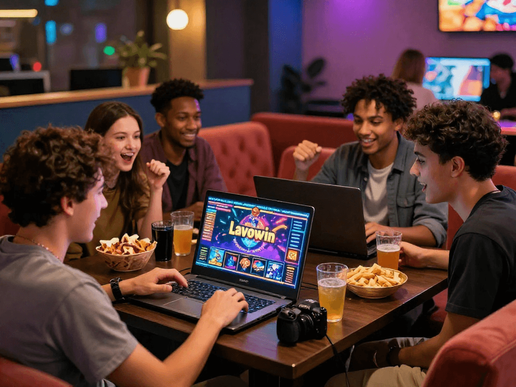 Engaged friends enjoying Lavowin daftar in a vibrant online casino setting, showcasing excitement and digital interactions.