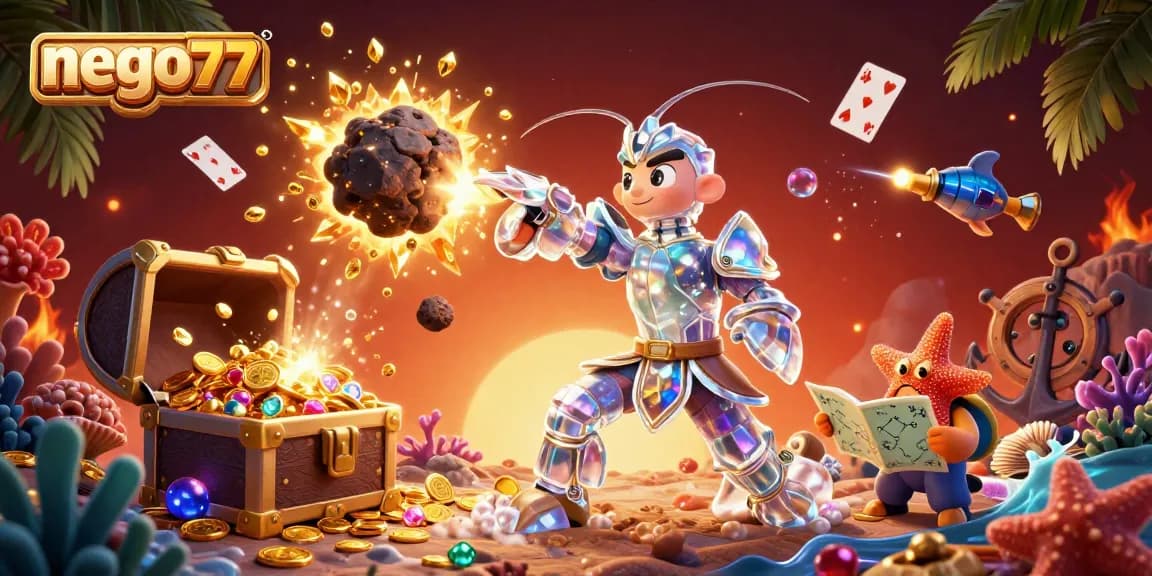 Nego77 showcases a vibrant galactic samurai mantis shrimp punching through an asteroid, symbolizing thrilling casino action.