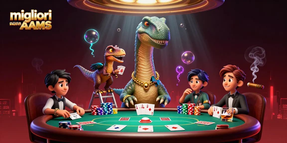 Giocatori che si sfidano ai migliori casino non AAMS sul tavolo da poker, atmosfera intensa.