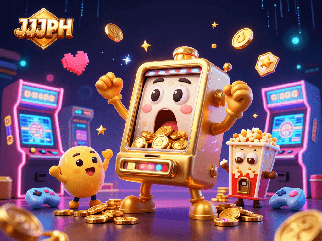 JJJPH slots action with a golden slot machine celebrating a jackpot amidst exciting gaming elements.