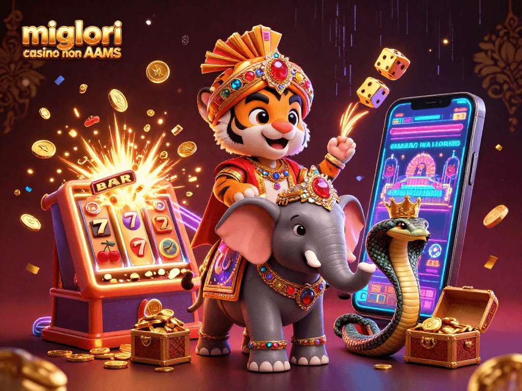 Immagine dei migliori casino non AAMS con maharaja e simboli di casinò, slot e premi.