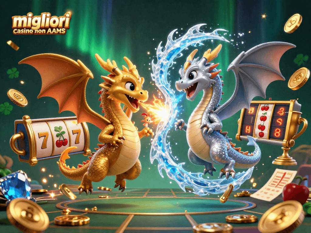 Giocatori nei migliori casino non AAMS vincono a giochi con draghi e monete d'oro.