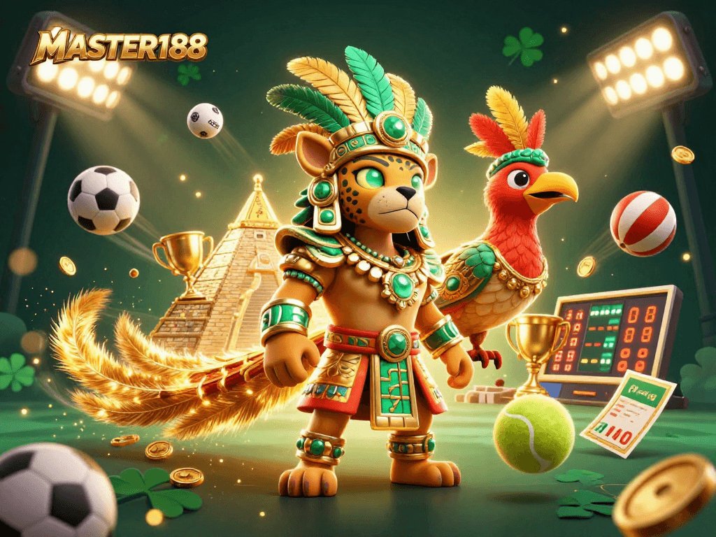 MASTER188 gamblers enjoy dynamic sports betting action with golden trophies and lively characters in a vibrant casino scene.