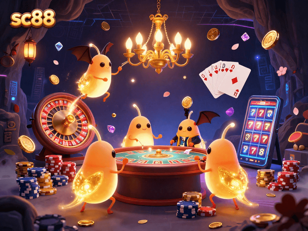 Experience sc88's lively cave casino with glowing glowworms and a bat dealer in a vibrant 3D illustration.