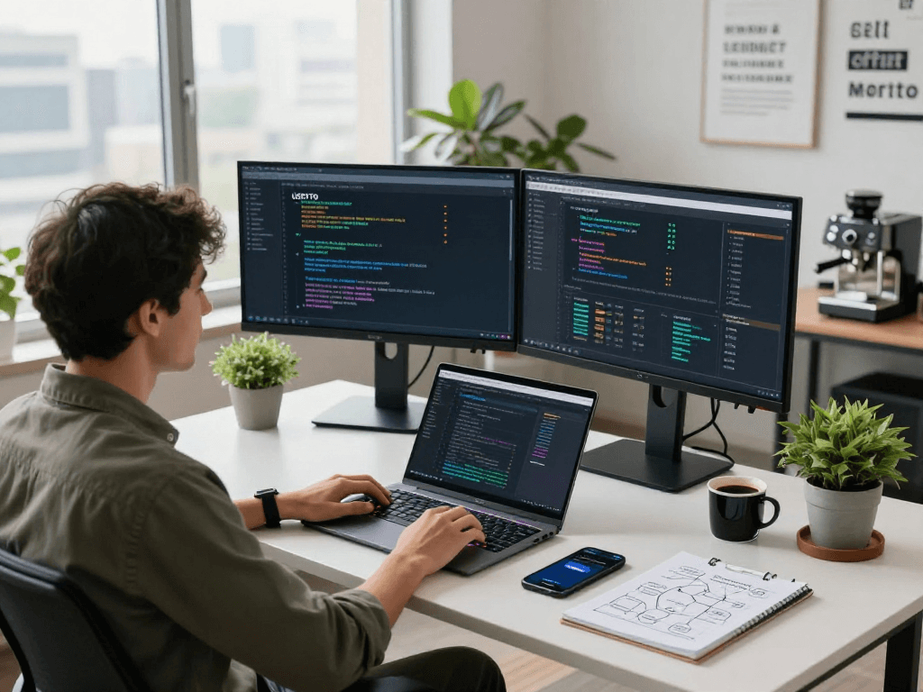 USDT0 integration codes displayed on dual monitors in a modern blockchain workspace.