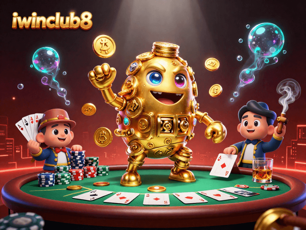 Experience thrilling casino gameplay with iwinclub8's vibrant 3D illustration of poker excitement.