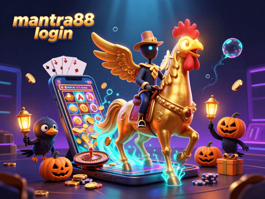 Engage in excitement with mantra88 login as a golden rooster navigates a mystical casino scene.