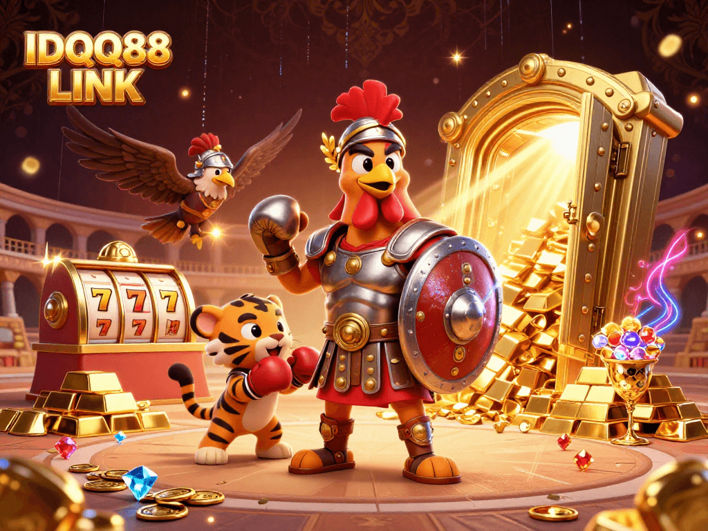 Spin the reels with IDQQ88 LINK while enjoying this vibrant, action-packed 3D casino illustration.