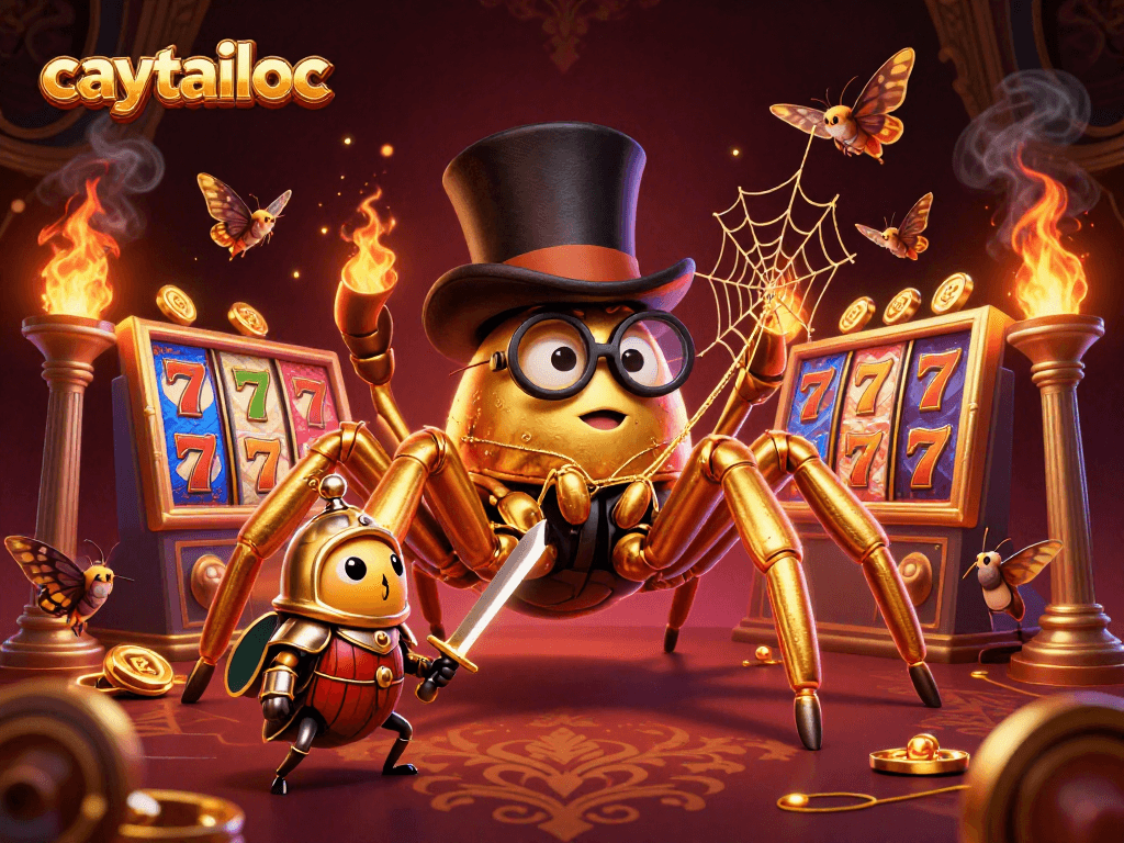 Engage with caytailoc as the golden tarantula weaves jackpot threads amid vibrant 3D gaming elements.