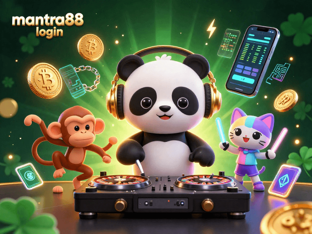 Experience the energy of mantra88 login with colorful characters and vibrant gaming elements in this 3D illustration.