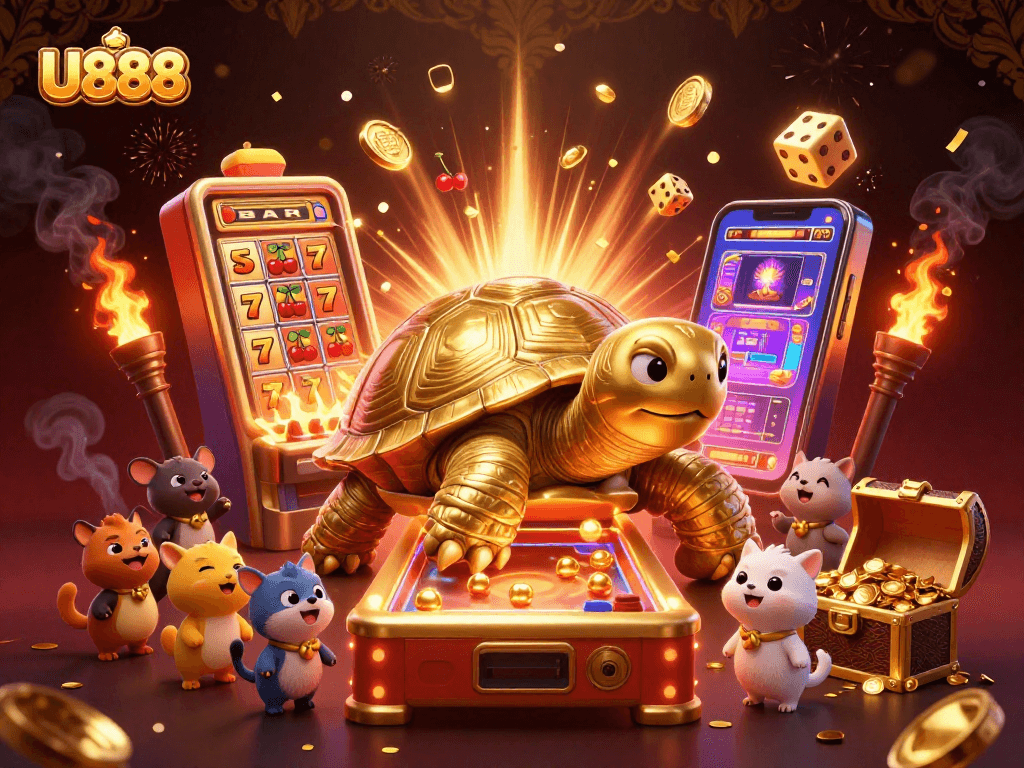 Experience exciting gaming at U888 with stunning golden characters and explosive casino elements in a vibrant scene.