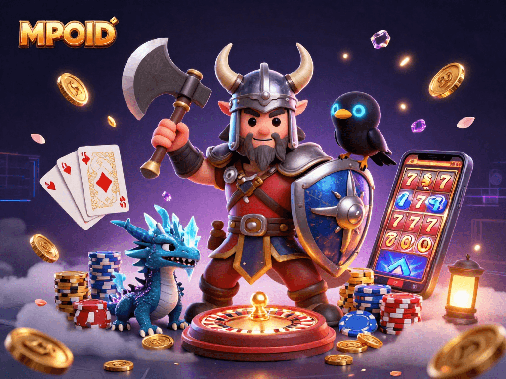 MPOID showcases a vibrant 3D gaming scene with a Viking wolf warrior, dragon, and raven amid casino elements.