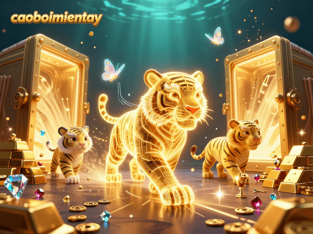 Experience the thrilling world of caoboimientay with a neon tiger amid golden treasures in a lively digital casino.