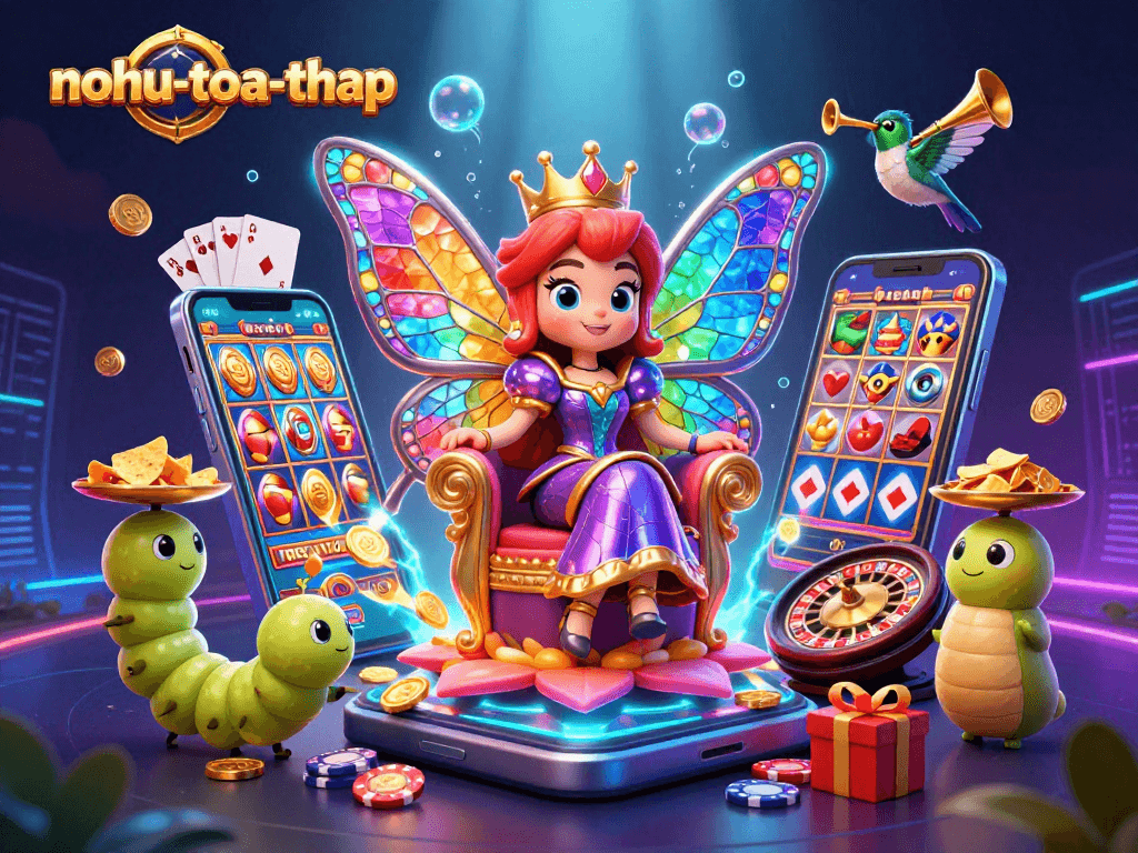 Spin the reels with nohu-toa-thap's captivating 3D butterfly queen within a vibrant casino scene.