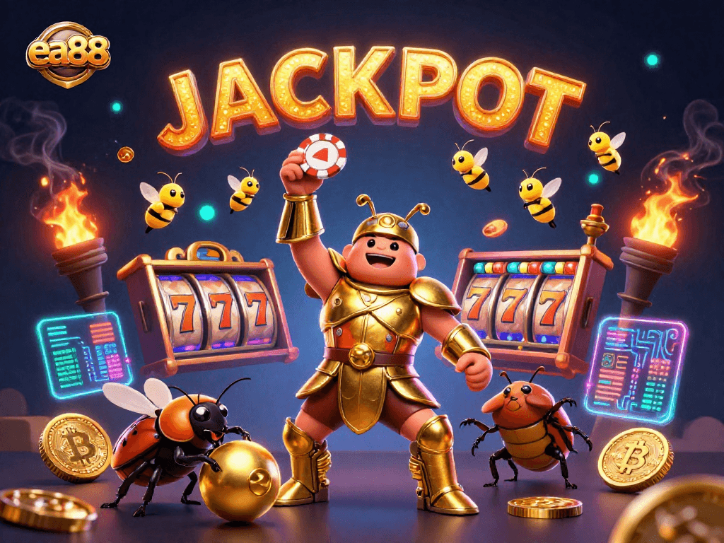 Win big with ea88 at the online casino featuring golden beetles, jackpot signs, and exciting gaming elements.
