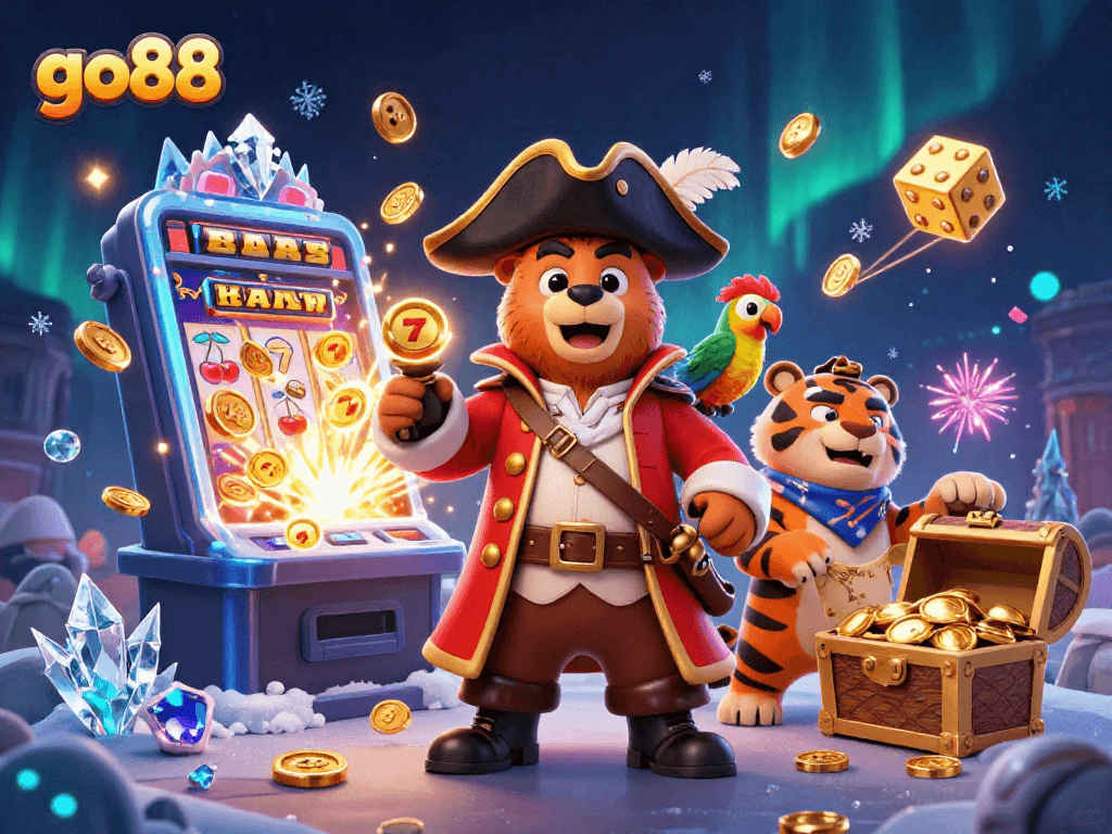 Experience the excitement at go88 with an adventurous pirate-themed 3D casino scene.