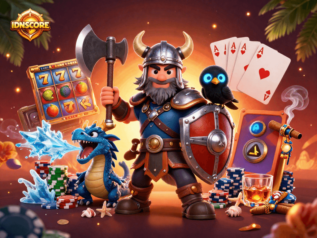 IDNSCORE immerses you in exciting slot gaming with Viking warrior and friends, vibrant action.