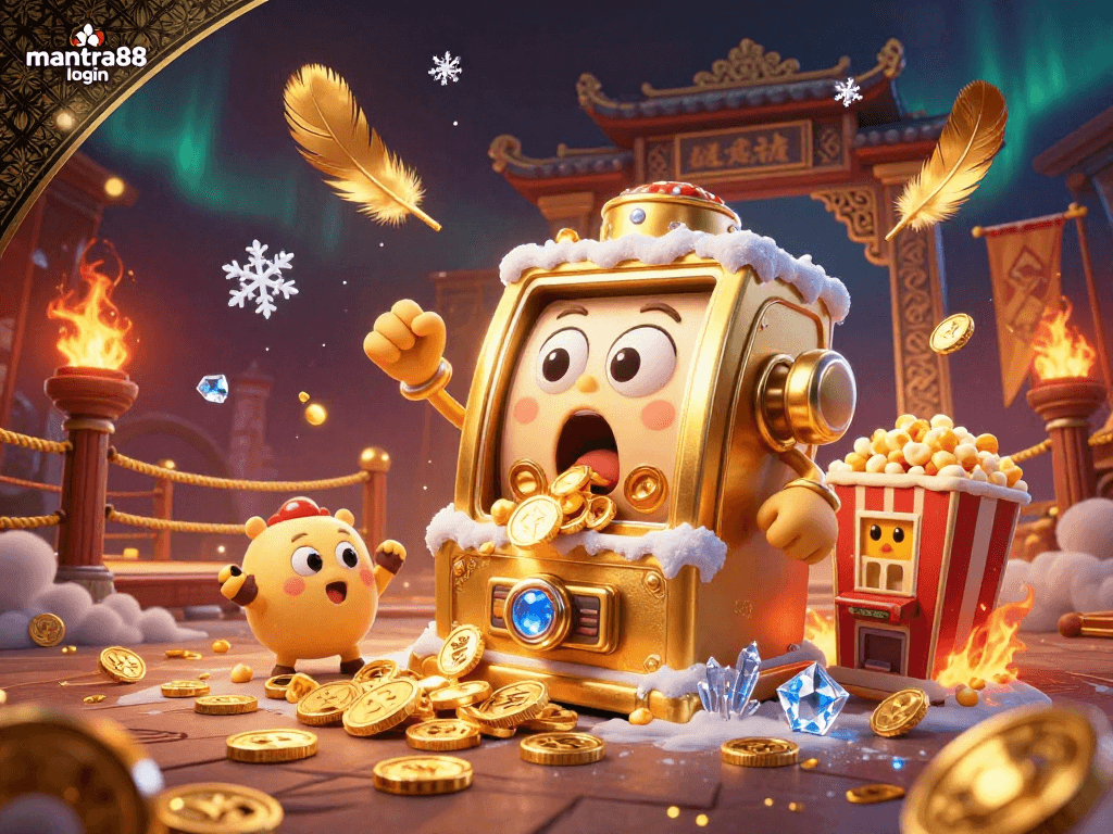 Play slots and win big at mantra88 login with a vibrant 3D illustration of jackpot excitement and cheering machines.