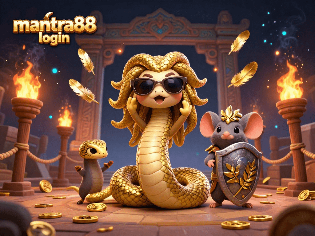 Engage in thrilling games with mantra88 login, featuring a lively scene of Medusa and a warrior mouse amidst dynamic casino elements.