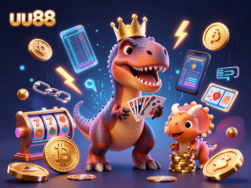 uu88 showcases a T-Rex shuffling cards while stacking chips in a vivid 3D casino scene.