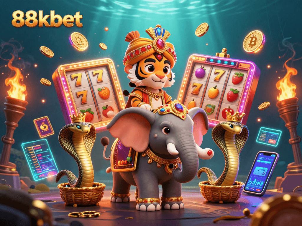 Experience thrilling gameplay with 88kbet, featuring an adventurous tiger in a vibrant casino scene.