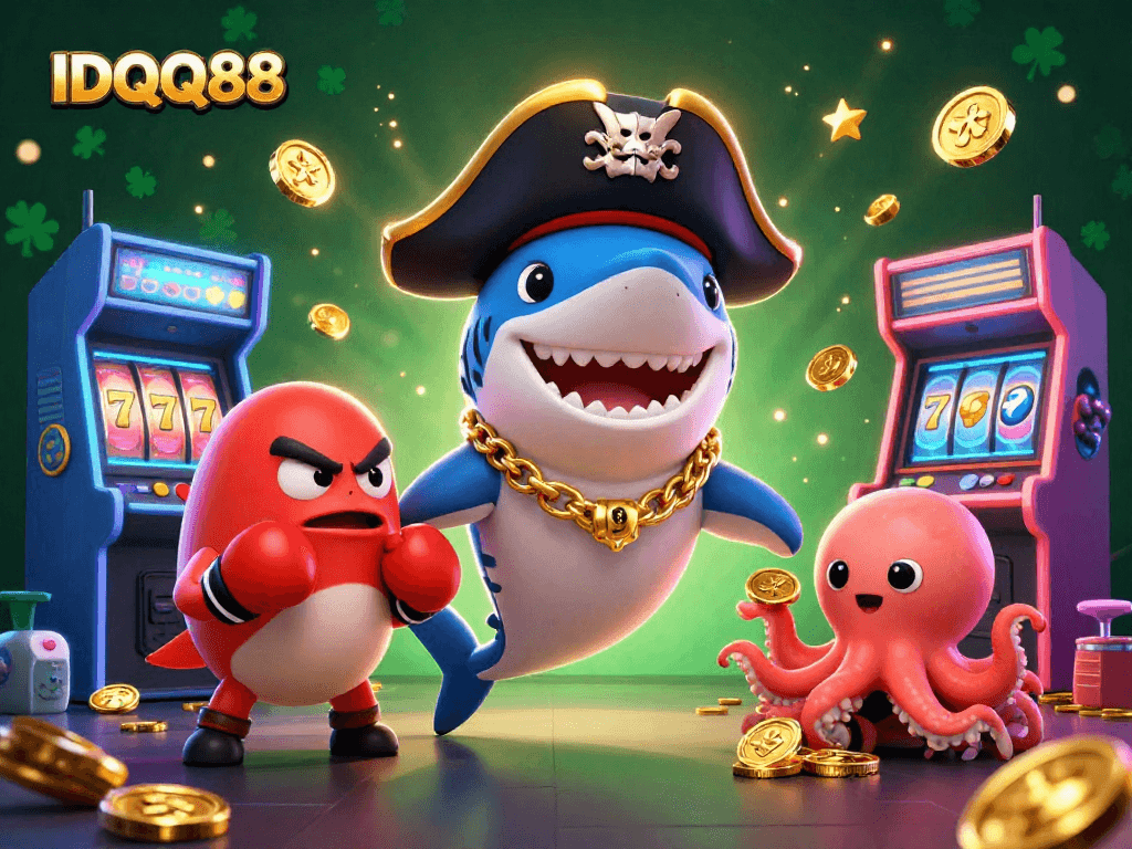 IDQQ88 showcases a vibrant casino scene with a pirate shark, pufferfish, and octopus, gaming machines, and gold coins.