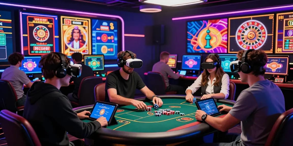 Players enjoying games at a lively crypto casino with advanced technology and vibrant atmosphere.