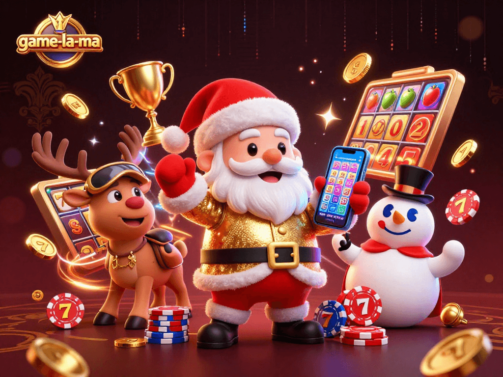 Experience the excitement of game-la-ma with Santa and friends in a vivid casino celebration!