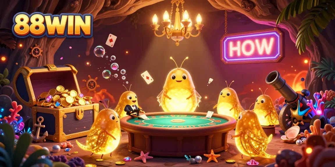 Experience exciting games at 88WIN's enchanting cave casino, illuminated by glowworms and vibrant treasures.