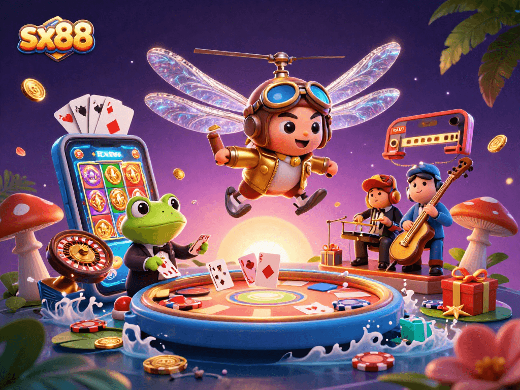 SX88 dragonfly pilot above a lily pad casino, with frog croupier and musicians, showcasing vibrant gambling elements.