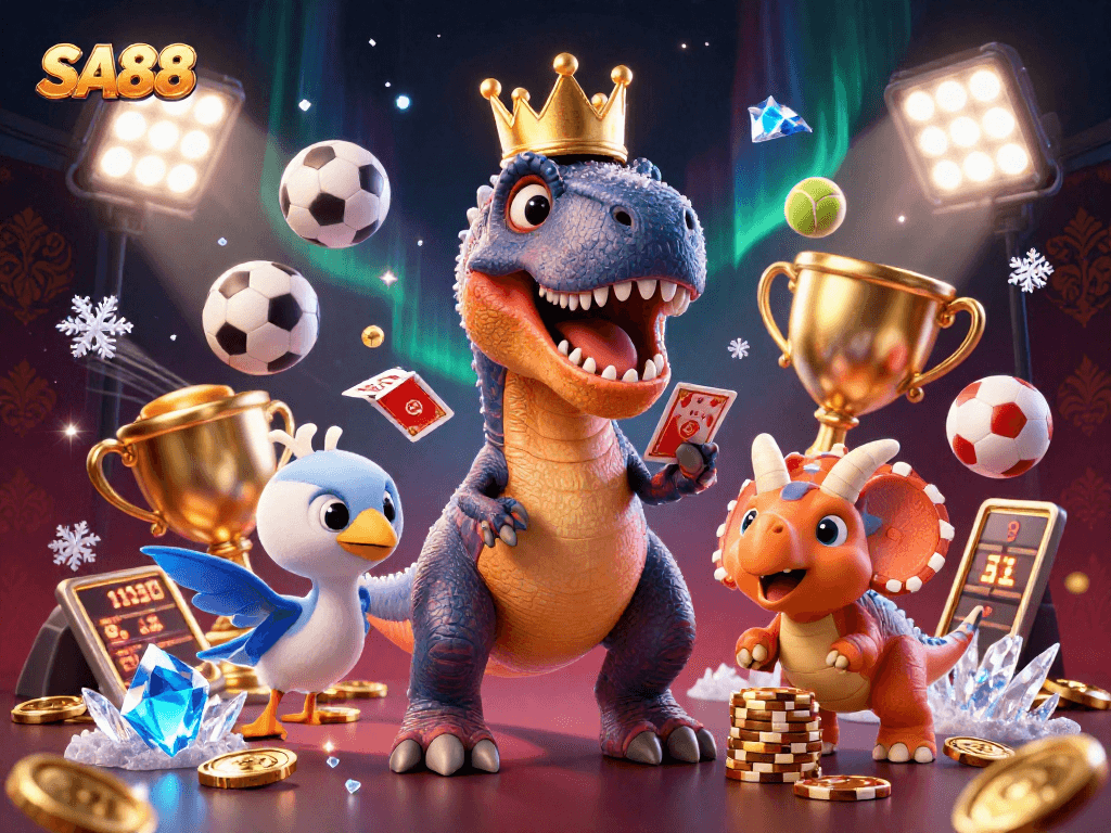 Experience SA88 with a T-Rex shuffling cards, a triceratops stacking chips, and sports elements around