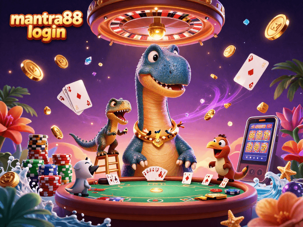 Experience the excitement of mantra88 login with a vibrant casino scene featuring a playful brontosaurus and raptor dealer.