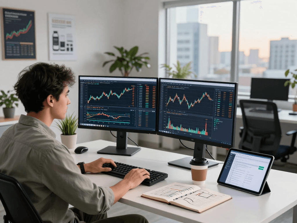 Stock market analysis using India stock backtesting API in a modern workspace with real-time data.