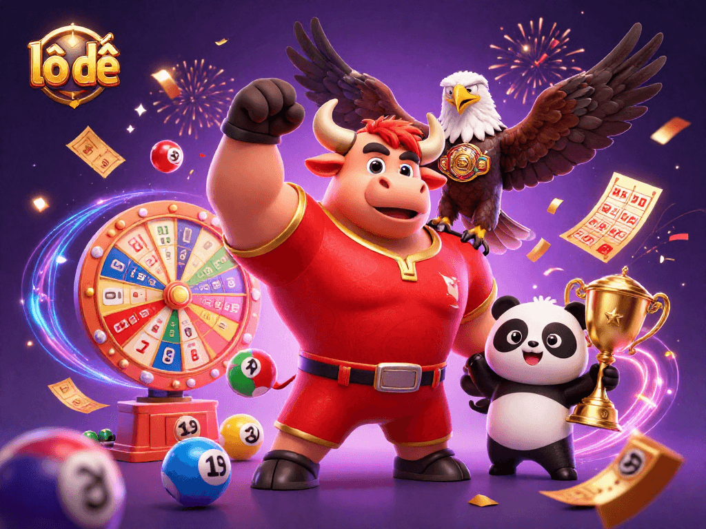Play lô đề with excitement in this vibrant lottery-themed celebration scene featuring dynamic elements.
