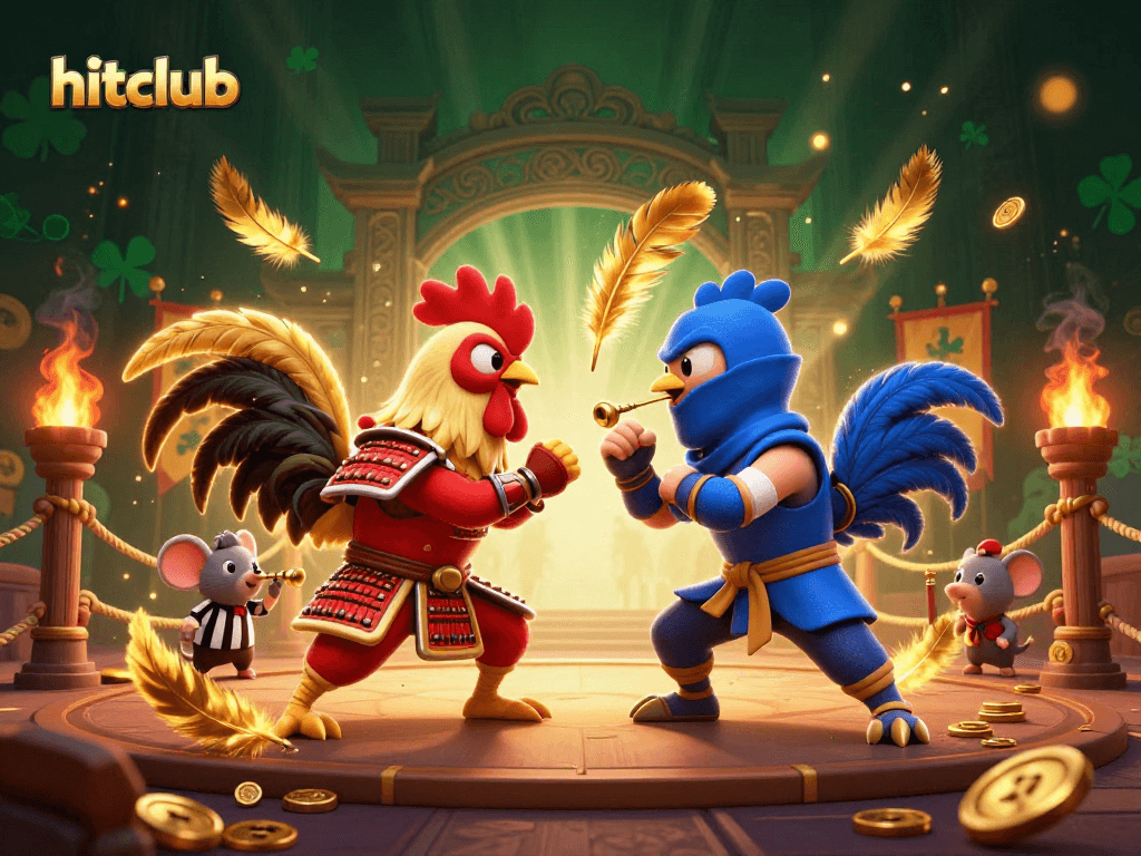 Experience intense action as hitclub's roosters battle with golden feathers and vibrant casino elements.