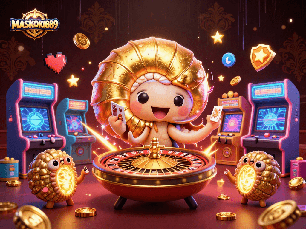 Experience thrilling gameplay with MASKOKI889’s vibrant 3D casino scene showcasing a nautilus roulette wheel.