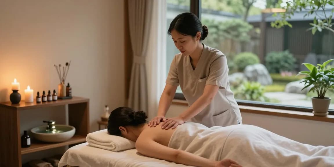 강동구출장안마, Korean massage therapy scene with therapist, candles, and calming ambiance.