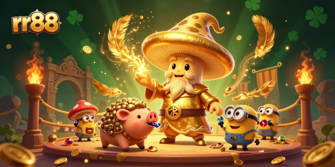 Engage with rr88 and discover golden treasures in this vibrant casino-themed illustration.