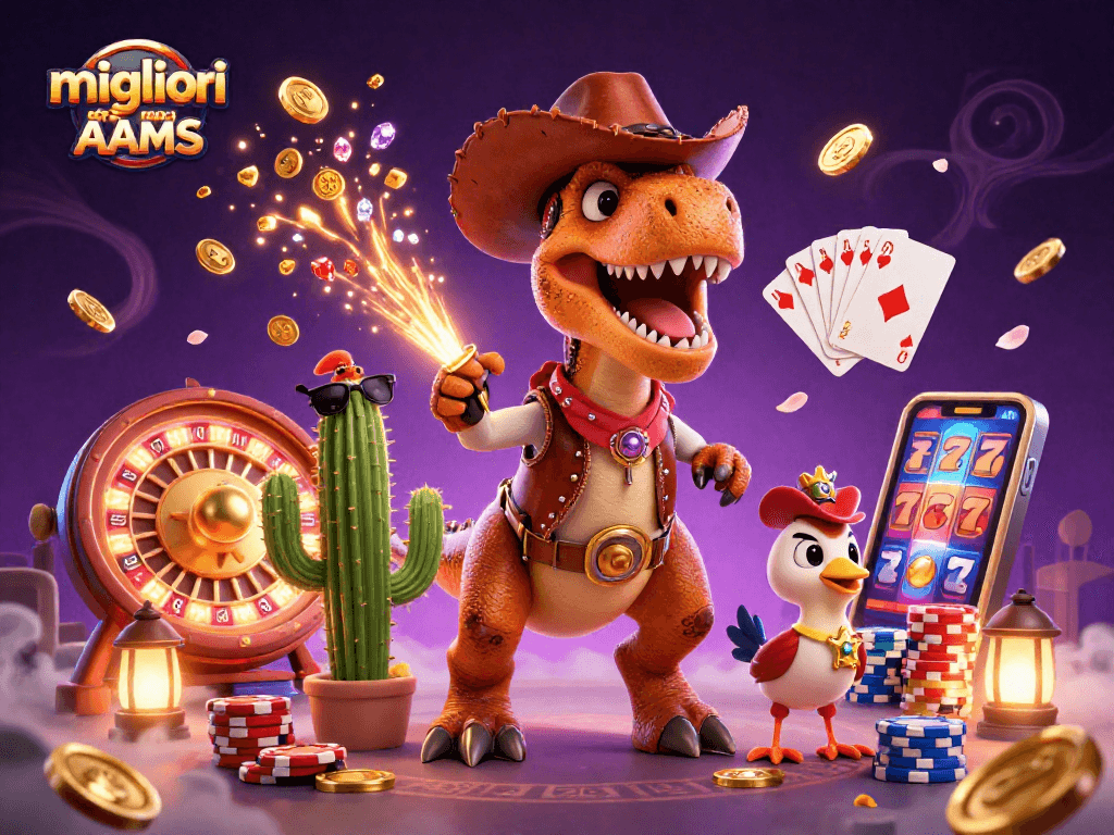 Gioca nei migliori casinò non AAMS con un T-Rex cowboy e un cactus, circondati da gettoni e gemme.