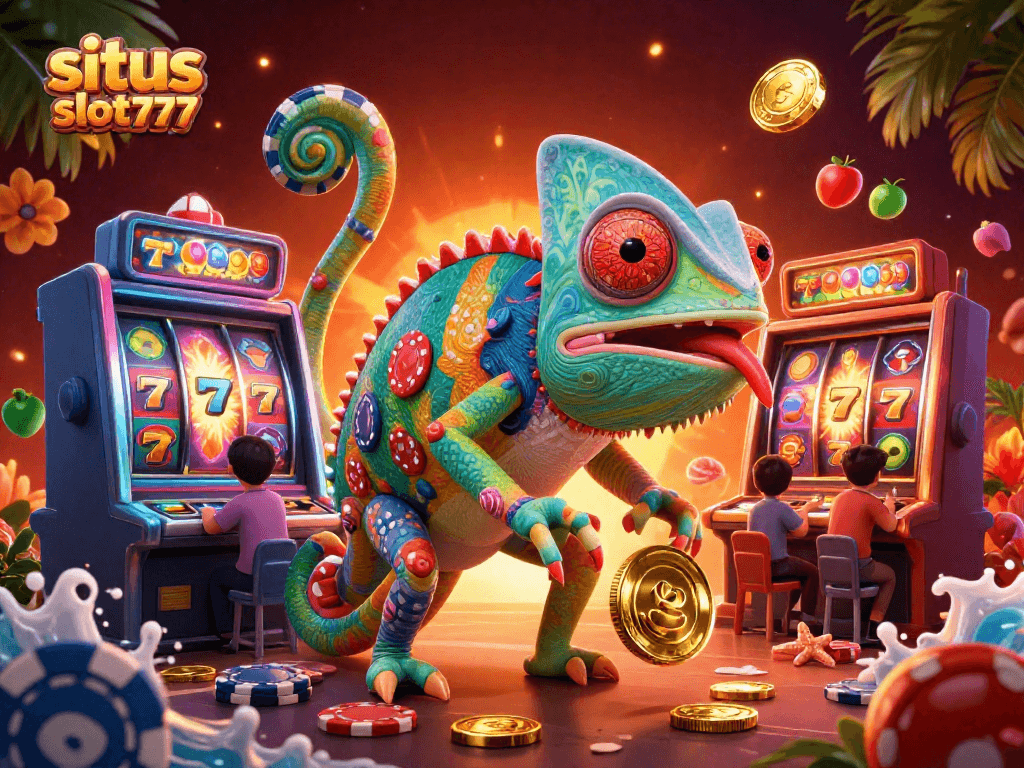 Experience thrill at situs slot777 with colorful 3D casino illustration of chameleon and slot elements.
