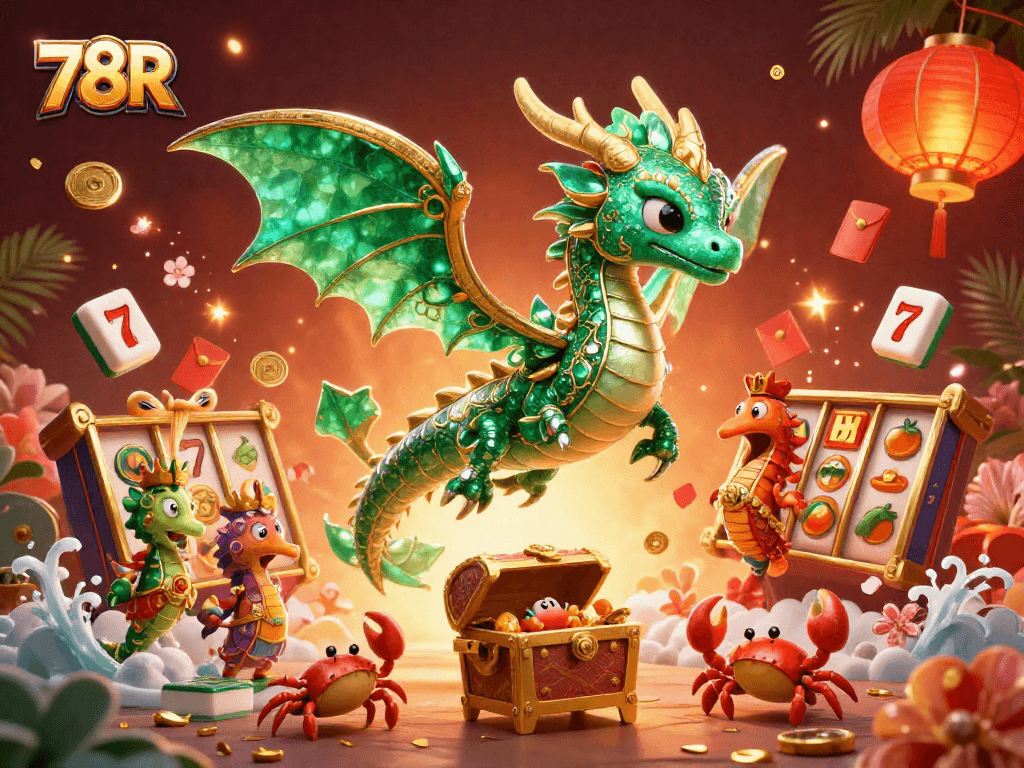Slots e tesouros na cena encantadora de 78R com dragão marinho e caranguejos